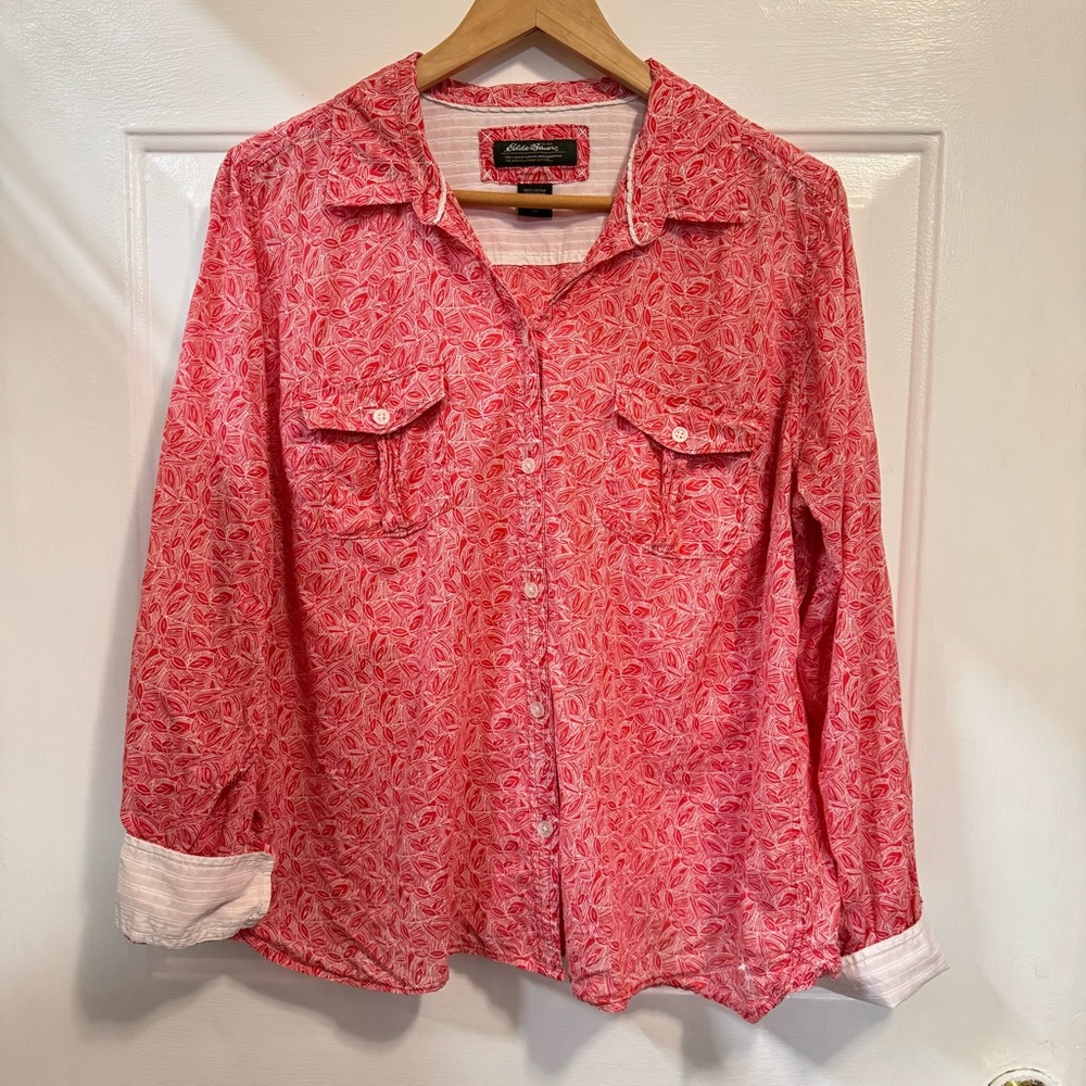 Eddie Bauer 2009 Y2K Red Leaf Print Button Down Shirt Women’s XL